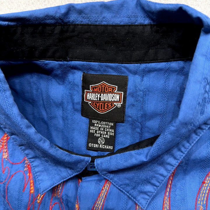 Vintage Harley Davidson Embroidered Flames Y2K Button Up Shirt Size XXL