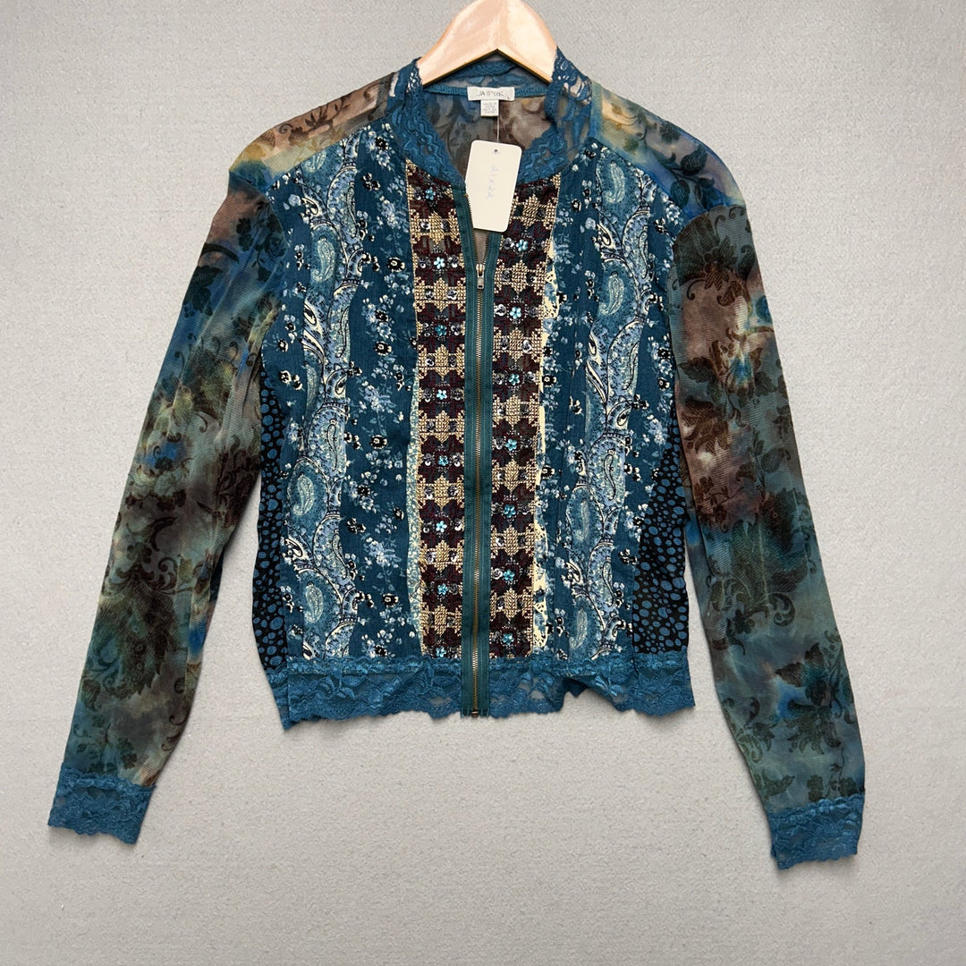 Y2K Women's Jaipur Full Zip Lace Floral Blouse Top Large