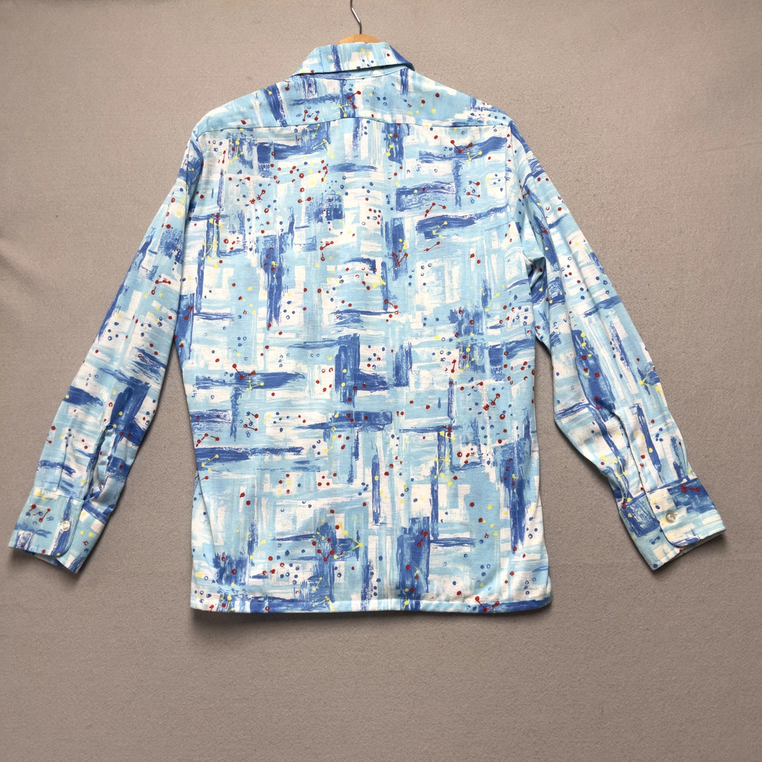 70's JC Penney Men's Blue Abstract Art Print Button Down Shirt Size Medium