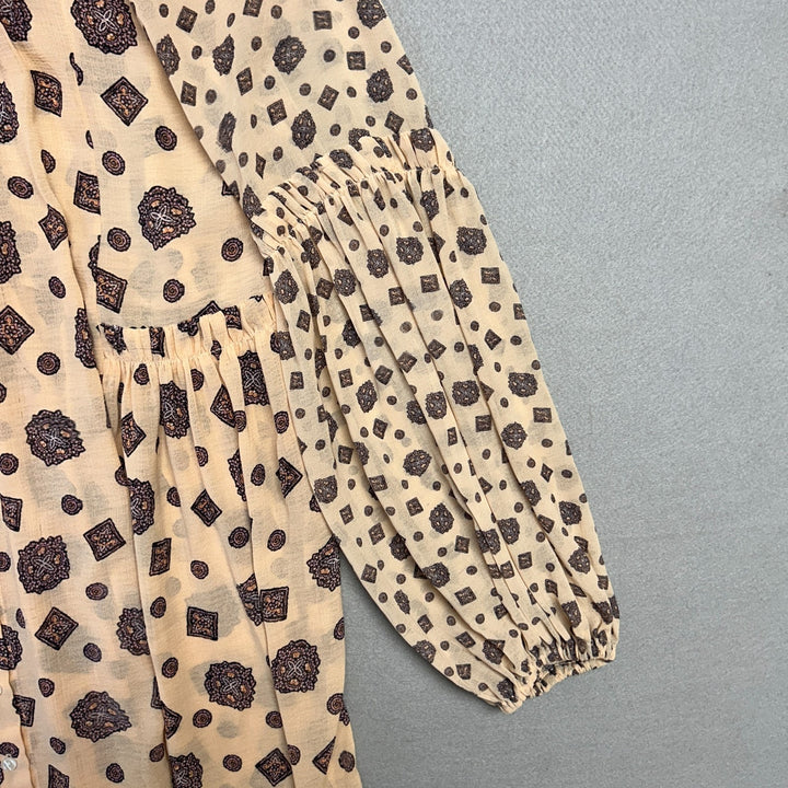 Free People Turn Turn Balloon Sleeve Mini Printed Swing Dress Tea Beige Size S