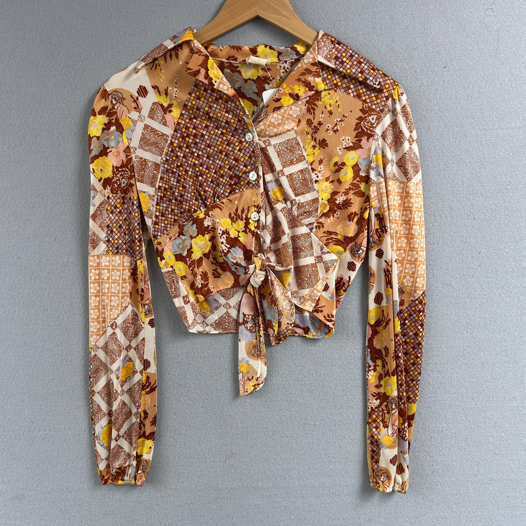 Vintage 70s Tie Front Disco Polyester Shirt Size Medium