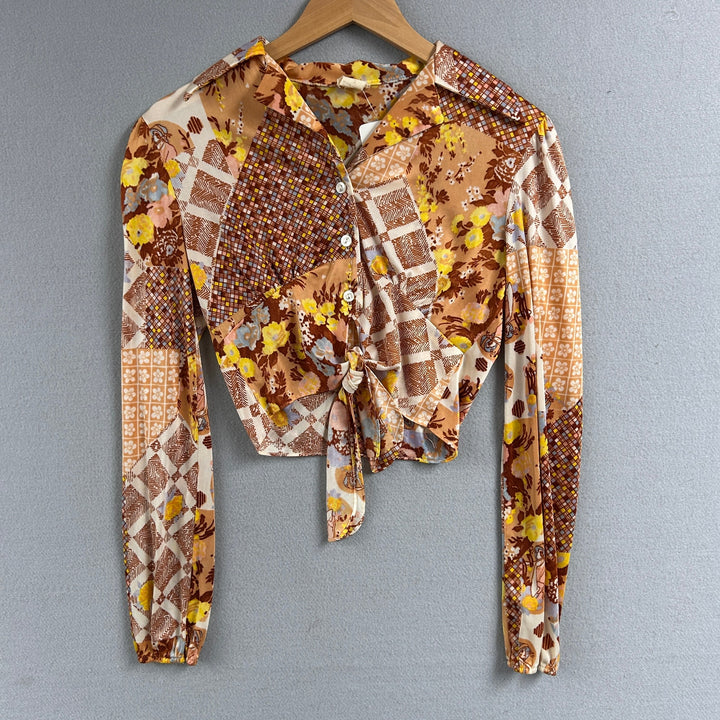 Vintage 70s Tie Front Disco Polyester Shirt Size Medium