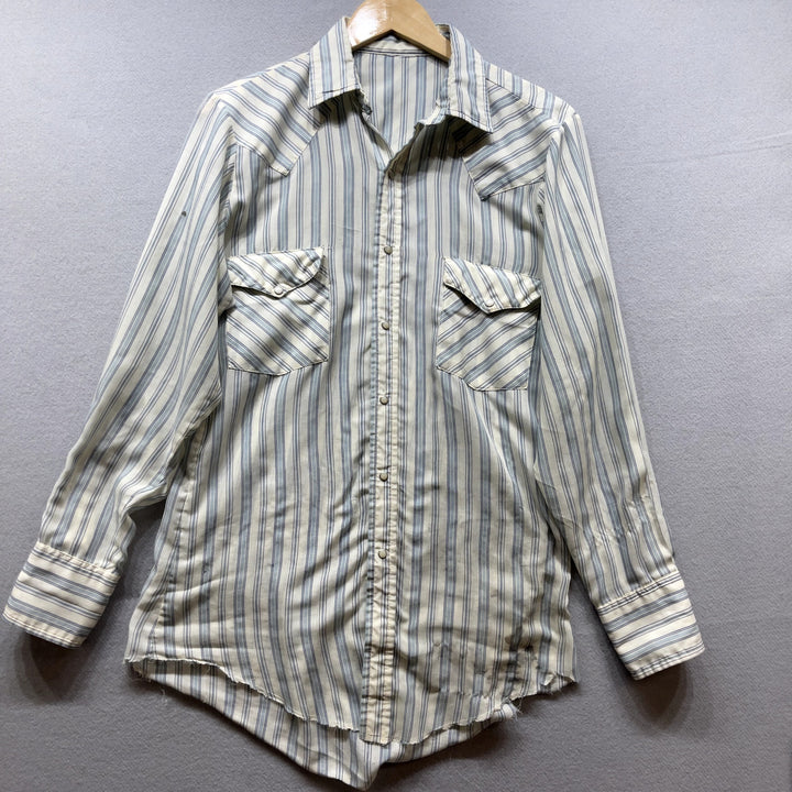 Vintage Men's Blue Stripe Western Pearl Snap Button Up Shirt Distressed Medium