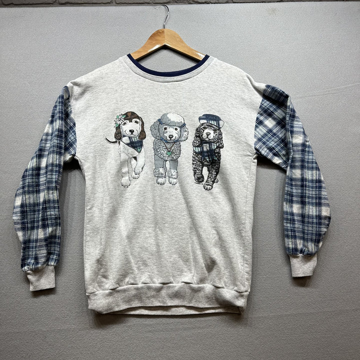 Vintage 90s  Plaid Sleeve Dog Sweatshirt Size Small