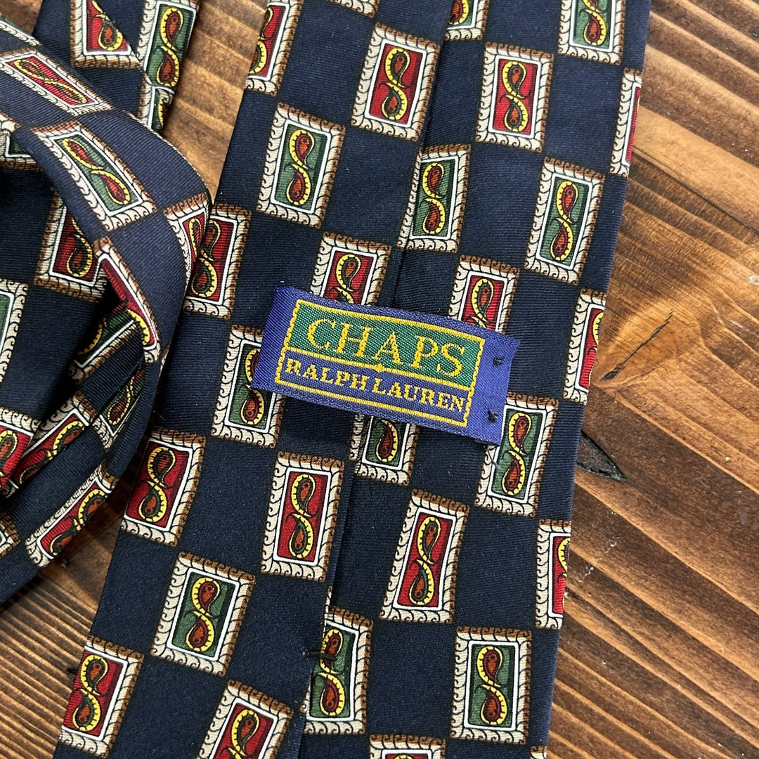 Chaps by Ralph Lauren Dark Navy Print Silk Necktie - 56 in Long