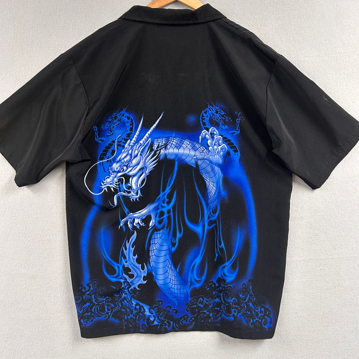 Y2K Men's C-Two Blue Dragon AOP Short Sleeve Button Up Size XL