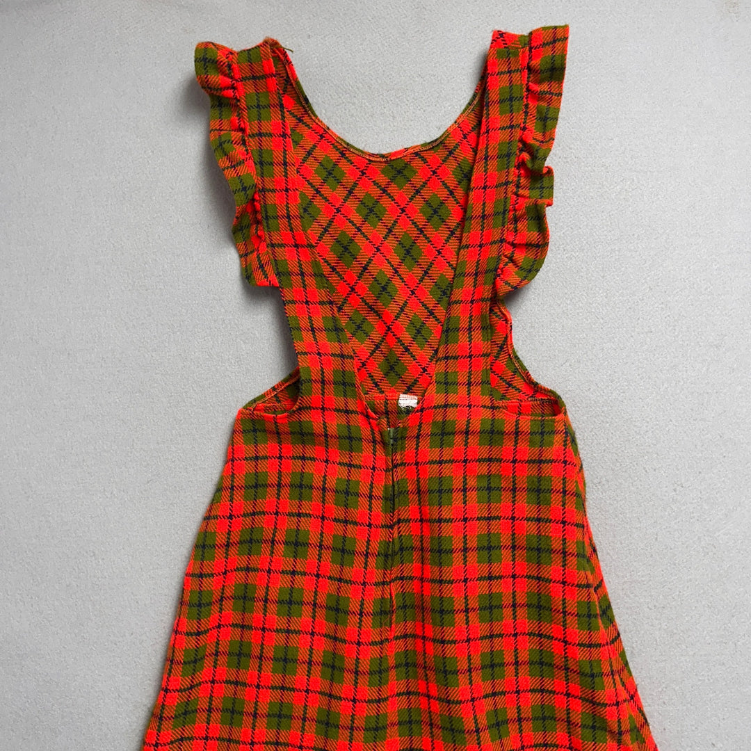 Vintage 70's Women's Orange Plaid Kitchen Dress W/ Pockets
