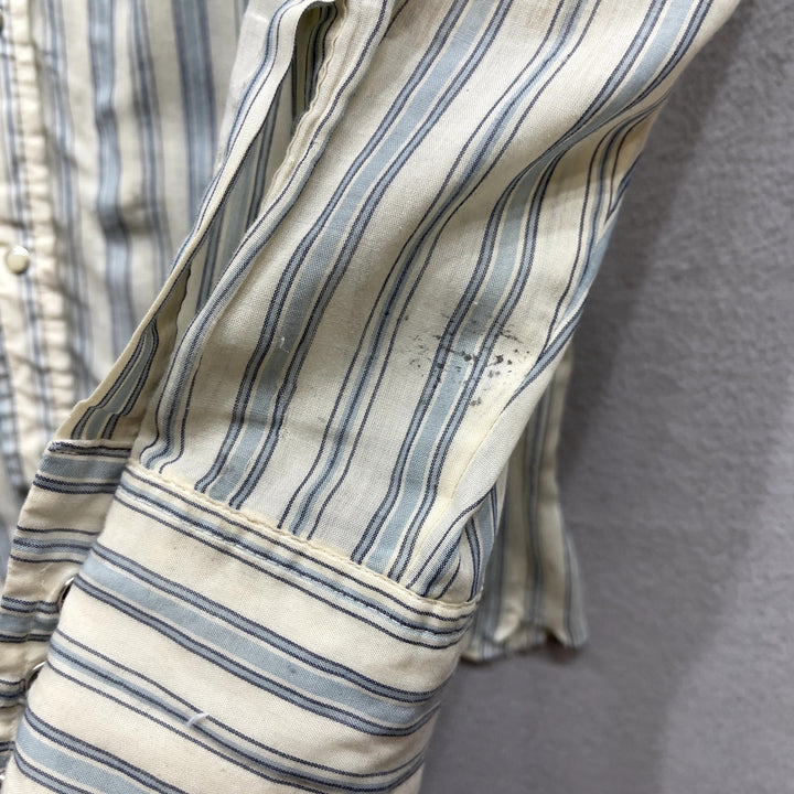 Vintage Men's Blue Stripe Western Pearl Snap Button Up Shirt Distressed Medium