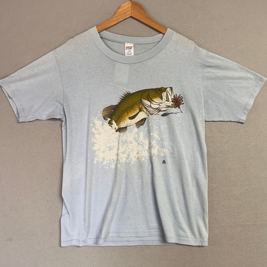 1985 LSJ Sportswear Bass Fish Light Blue Shirt Size Large