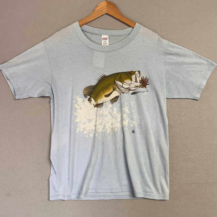 1985 LSJ Sportswear Bass Fish Light Blue Shirt Size Large