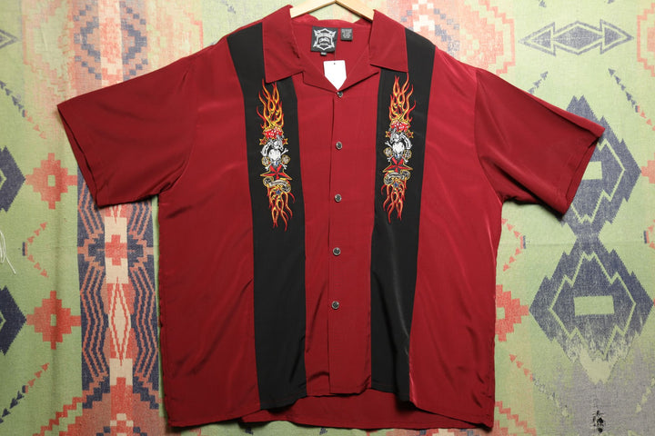 Hard Chrome Gear Vintage Biker Hot Rod Shirt XXXL 2000s Embroidered Skull Flame