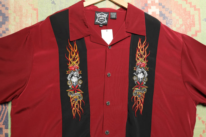 Hard Chrome Gear Vintage Biker Hot Rod Shirt XXXL 2000s Embroidered Skull Flame