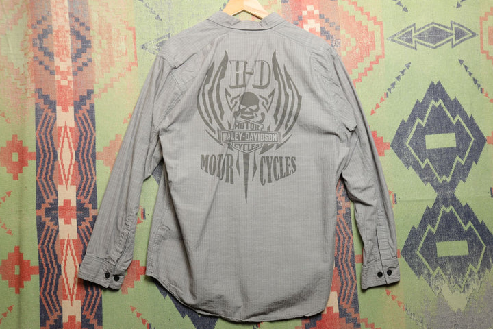 Harley Davidson Vintage Grey Skull Shirt Large 2000s Biker