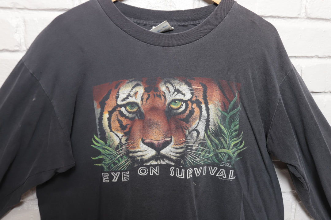 90s Vintage Human-I-Tees Tiger Survival LS T Shirt Size Large