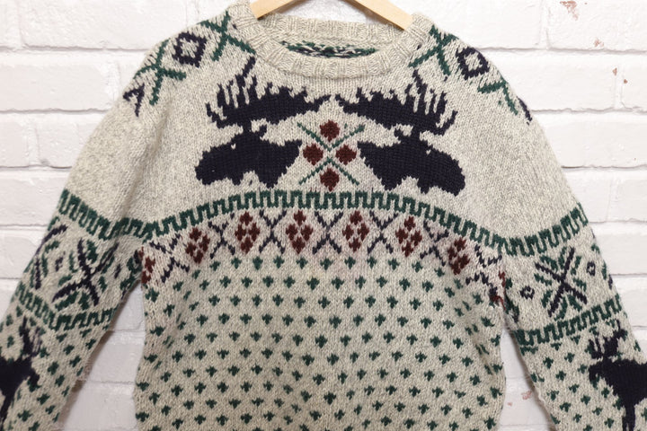 Nordic Pattern Vintage Wool Sweater 80s Medium