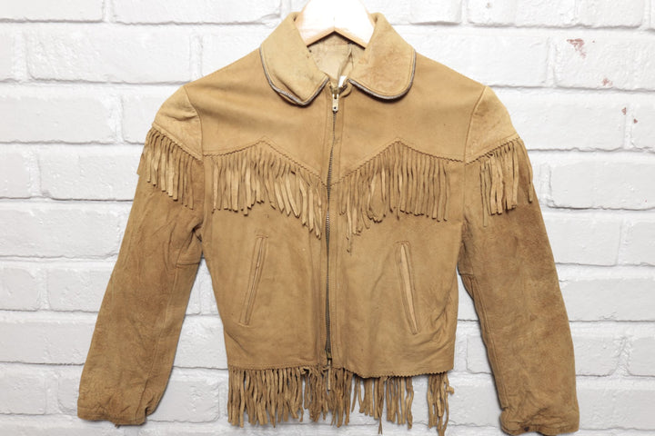 70s Vintage Kids Suede Western Fringe Jacket Size Large