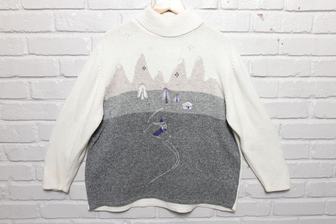 Embroidered Ski Vintage Sweater 90s Large