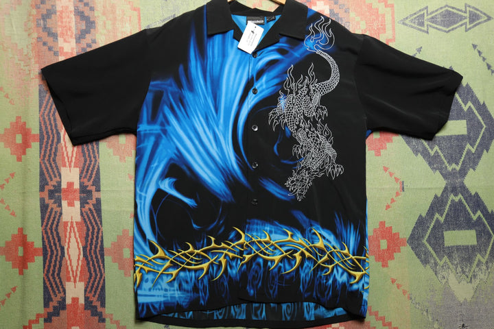 Tribal Dragon Vintage Polyester Shirt Y2K 2000s XL Anime