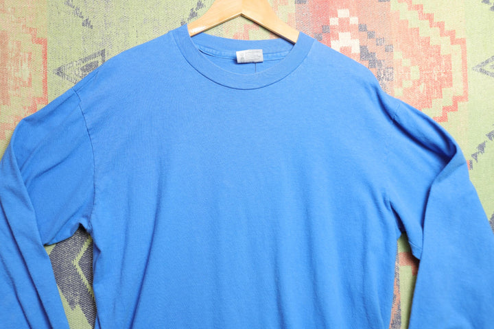 Hanes Beefy Vintage Blue LS T Shirt 80s XL