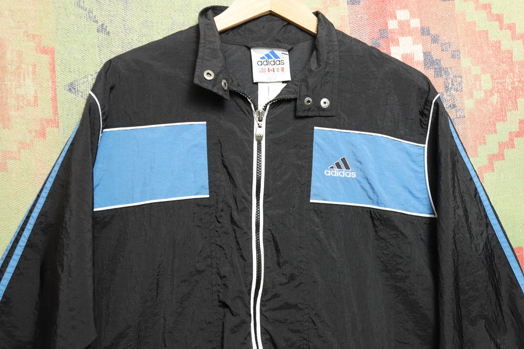 Adidas Vintage Black and Blue Windbreaker Jacket Medium 90s
