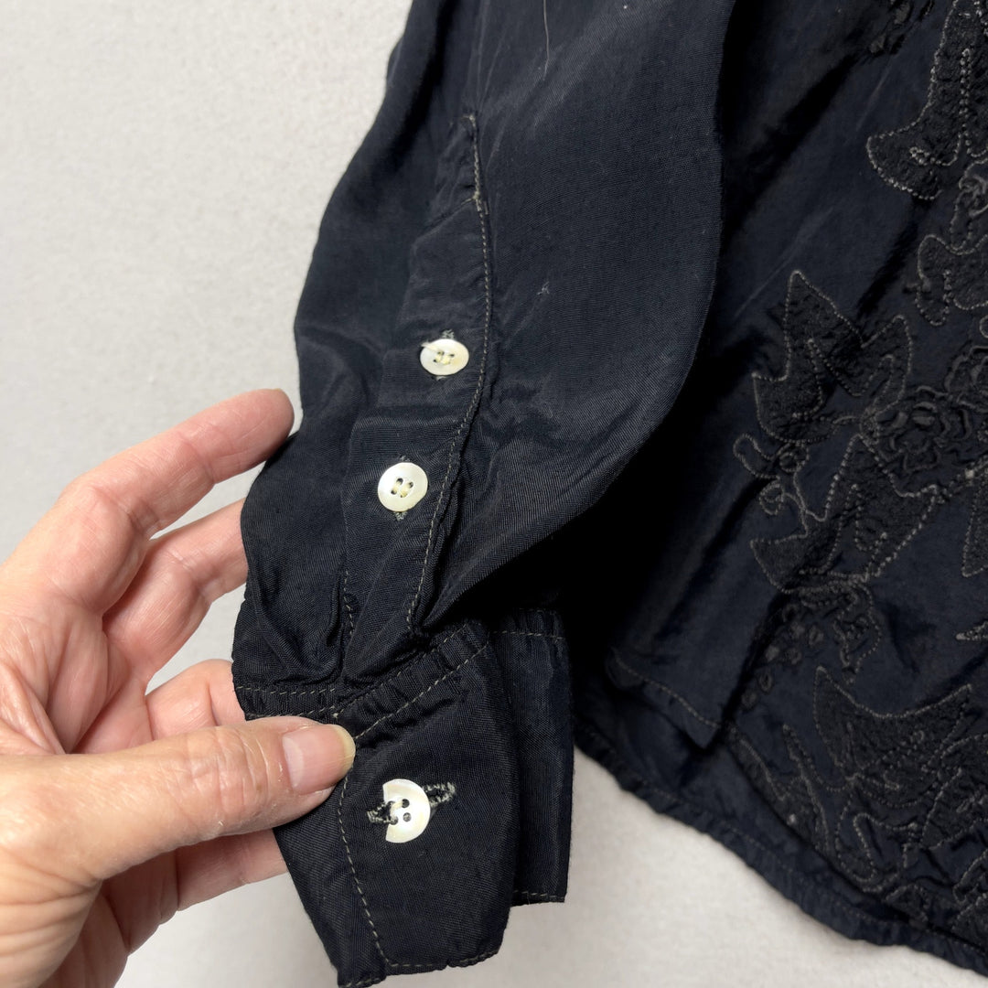 90s Simple Standards Women's Black Floral Embroidered Button Down S