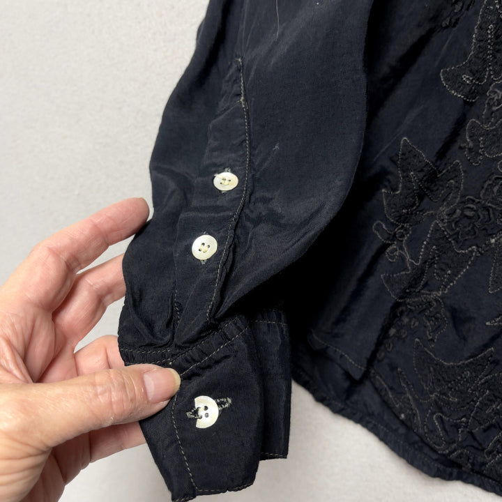 90s Simple Standards Women's Black Floral Embroidered Button Down S