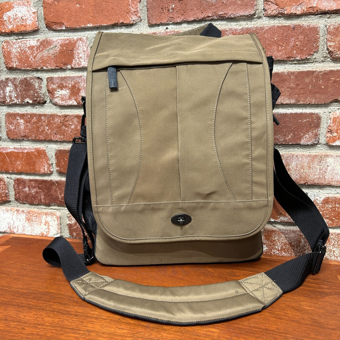 LL Bean Nylon Tan Travel Messenger Bag Locking Front Flap