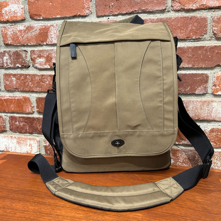 LL Bean Nylon Tan Travel Messenger Bag Locking Front Flap
