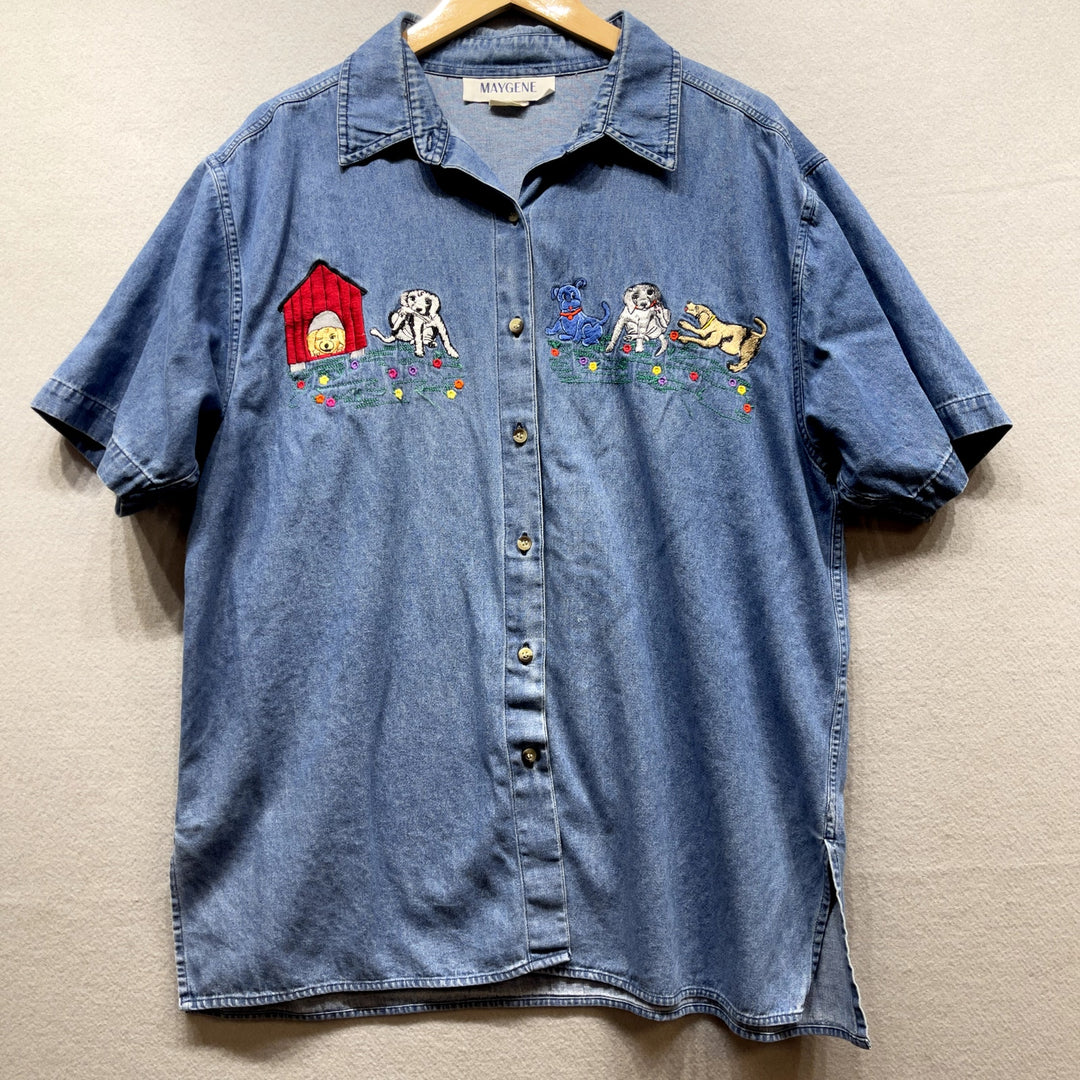 Vintage Embroidered Dog Denim Shirt Size XL