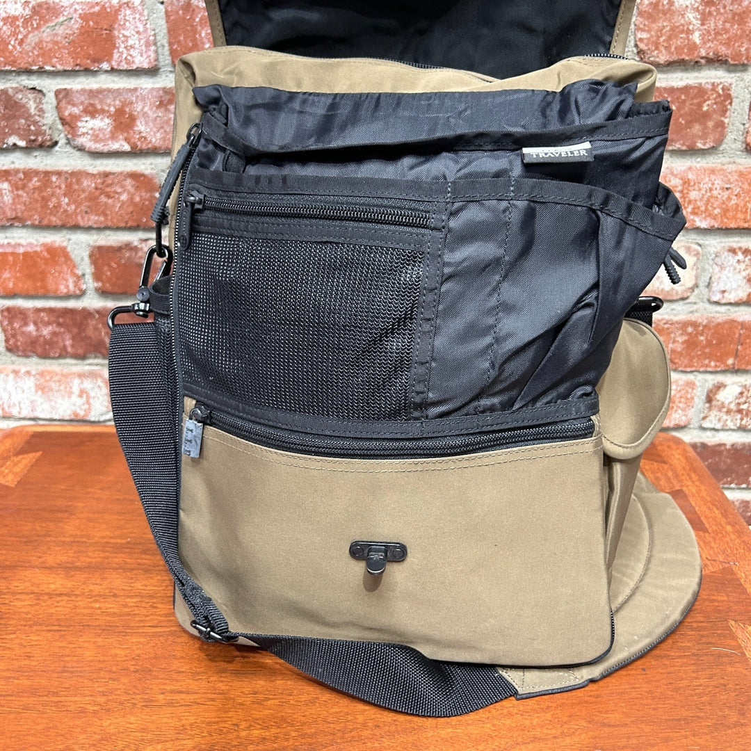LL Bean Nylon Tan Travel Messenger Bag Locking Front Flap