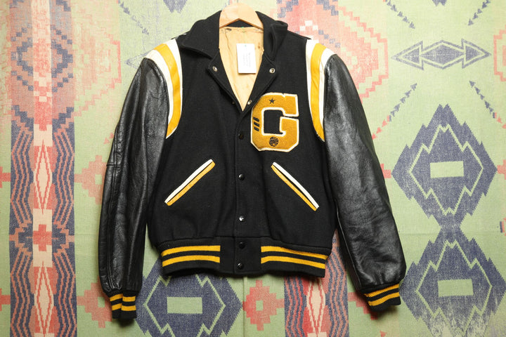 1960s Vintage G Letterman  Jacket Black and Gold Medium Ringer 60s VTG True