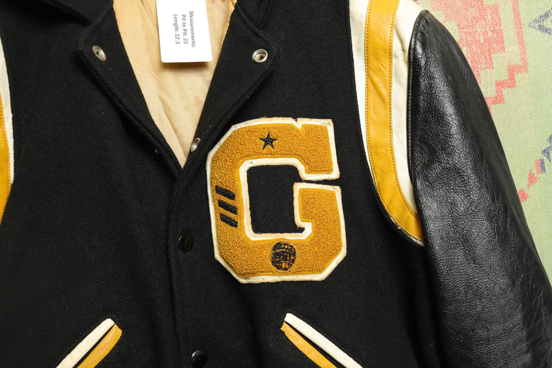1960s Vintage G Letterman  Jacket Black and Gold Medium Ringer 60s VTG True