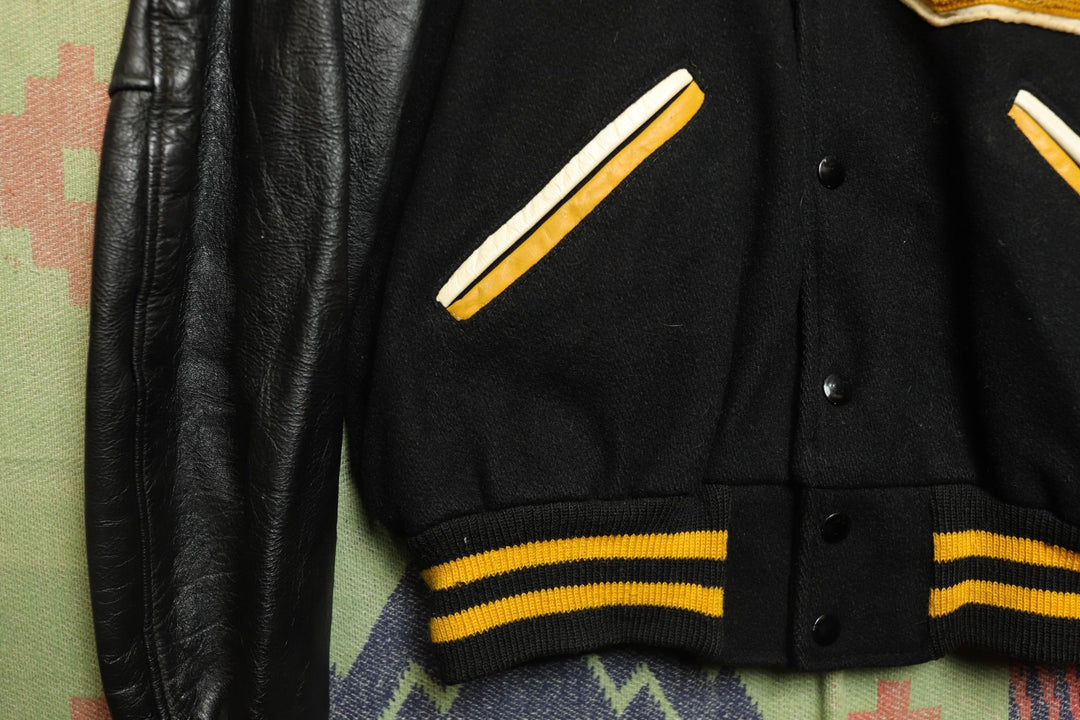 1960s Vintage G Letterman  Jacket Black and Gold Medium Ringer 60s VTG True