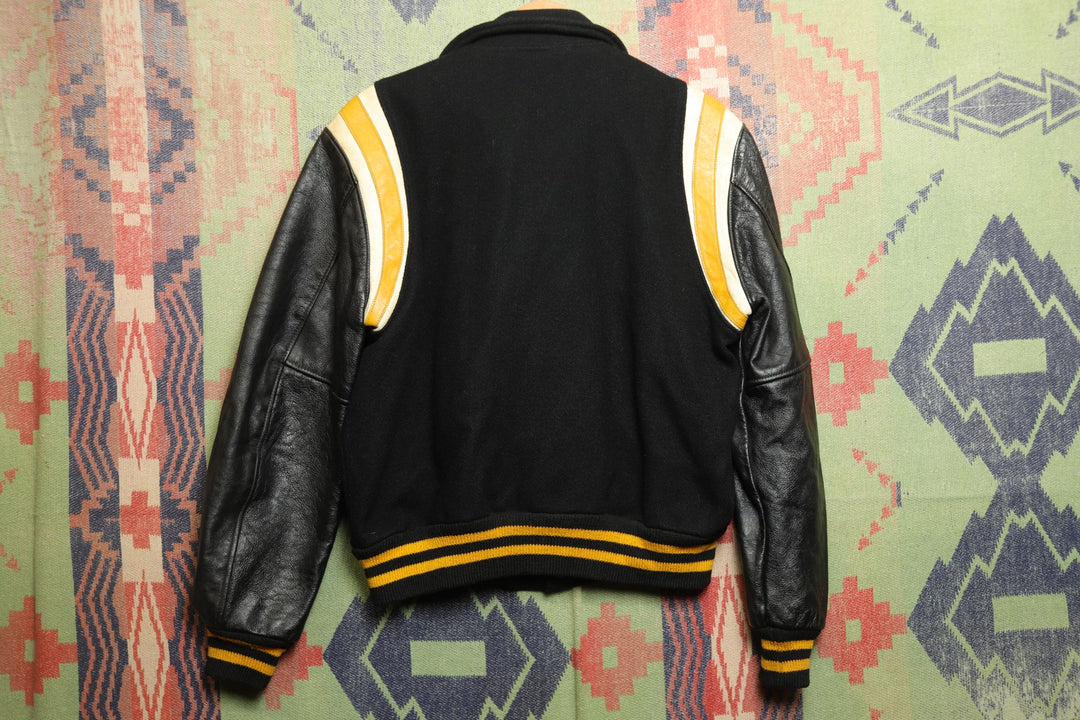 1960s Vintage G Letterman  Jacket Black and Gold Medium Ringer 60s VTG True