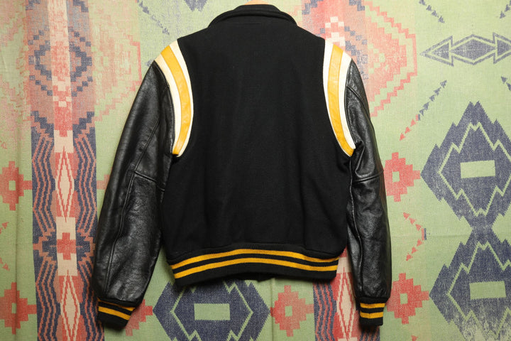 1960s Vintage G Letterman  Jacket Black and Gold Medium Ringer 60s VTG True
