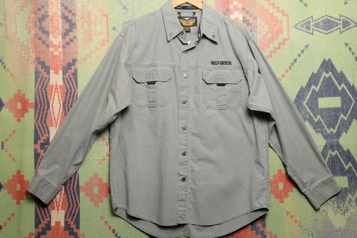 Harley Davidson Vintage Gray Long Sleeve Shirt Large 2000s Biker Skull