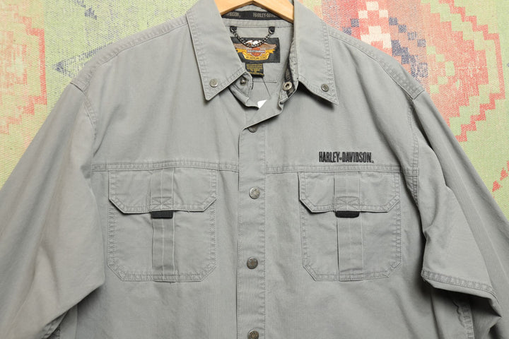 Harley Davidson Vintage Gray Long Sleeve Shirt Large 2000s Biker Skull