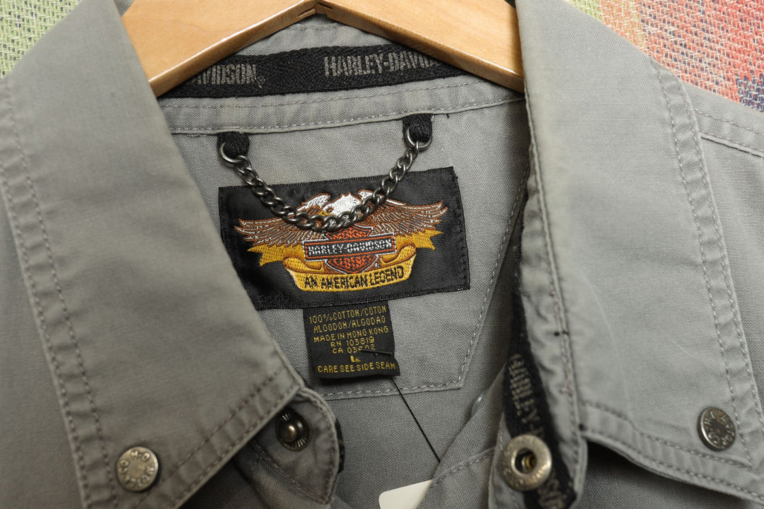 Harley Davidson Vintage Gray Long Sleeve Shirt Large 2000s Biker Skull