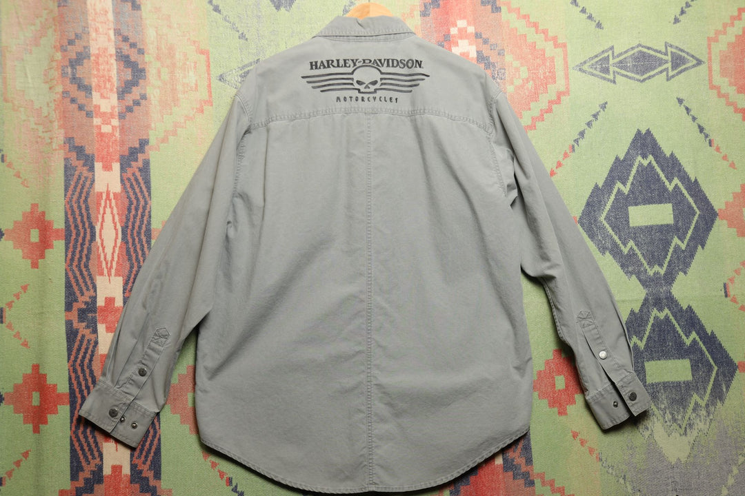 Harley Davidson Vintage Gray Long Sleeve Shirt Large 2000s Biker Skull