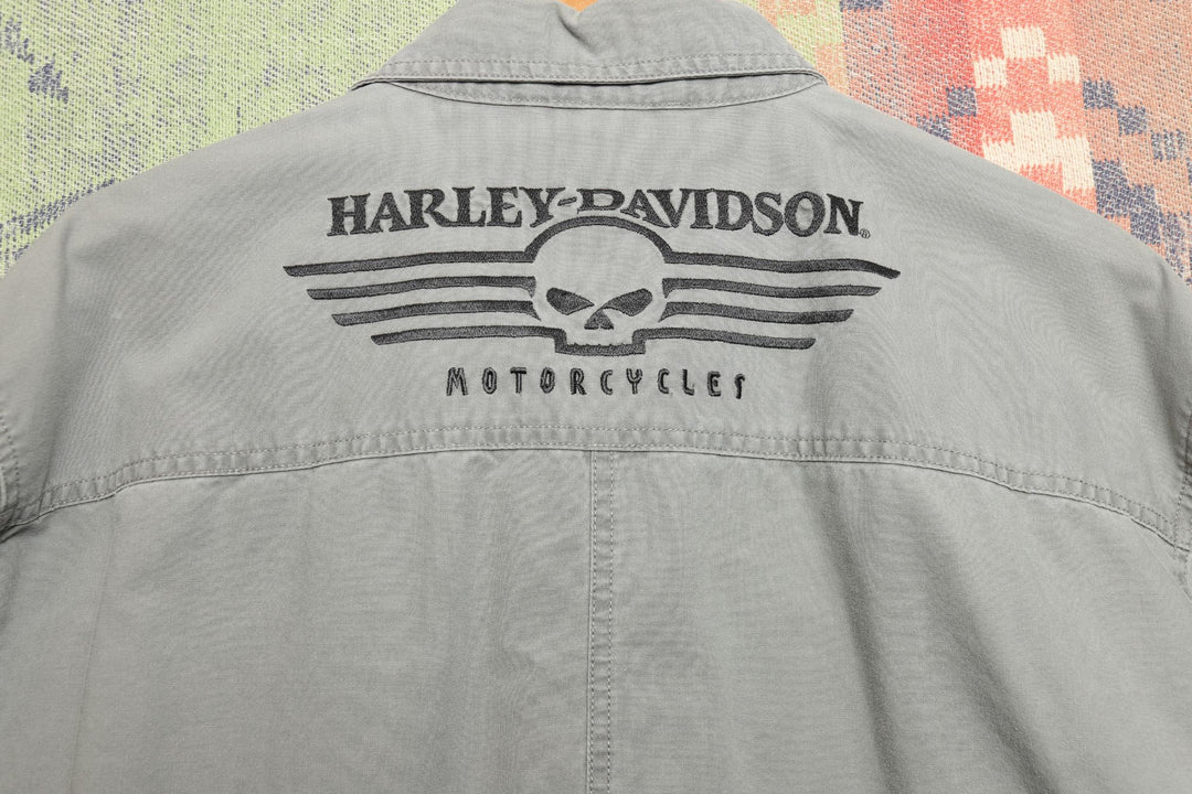 Harley Davidson Vintage Gray Long Sleeve Shirt Large 2000s Biker Skull