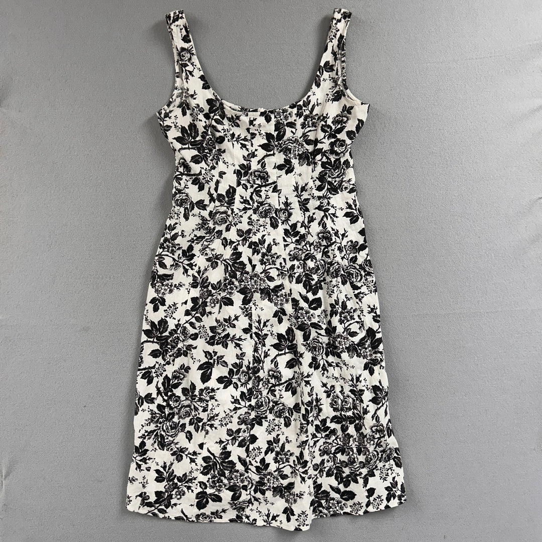 London Times Women's White/Black Floral A-Line Knee Length Linen Dress Size 8