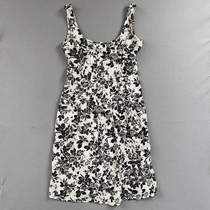 London Times Women's White/Black Floral A-Line Knee Length Linen Dress Size 8