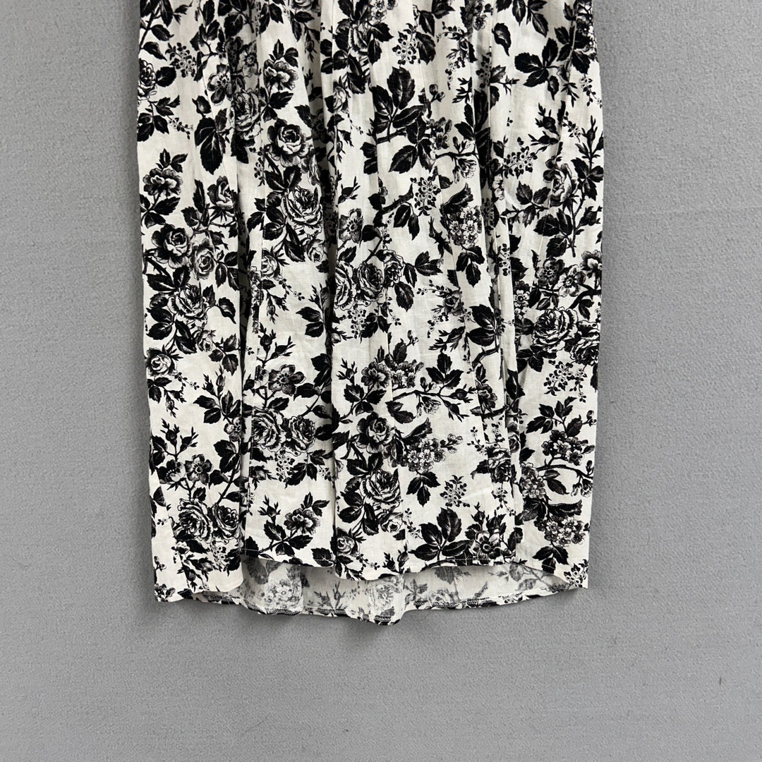 London Times Women's White/Black Floral A-Line Knee Length Linen Dress Size 8