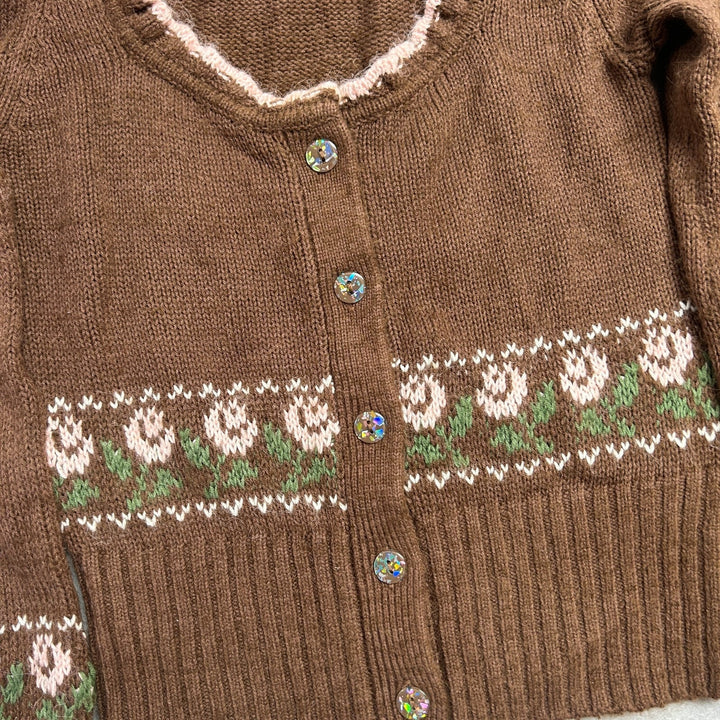 Kimchi Blue UO Alice Femme Fair Isle Brown Cropped Cardigan Sweater Flowers M