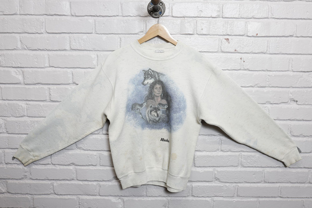 90s stained alaska native american wolves sweatshirt size medium