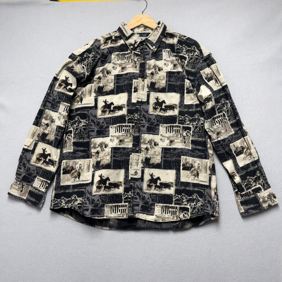 Vintage Men's Sandy River Western Print All Over Button Down Large