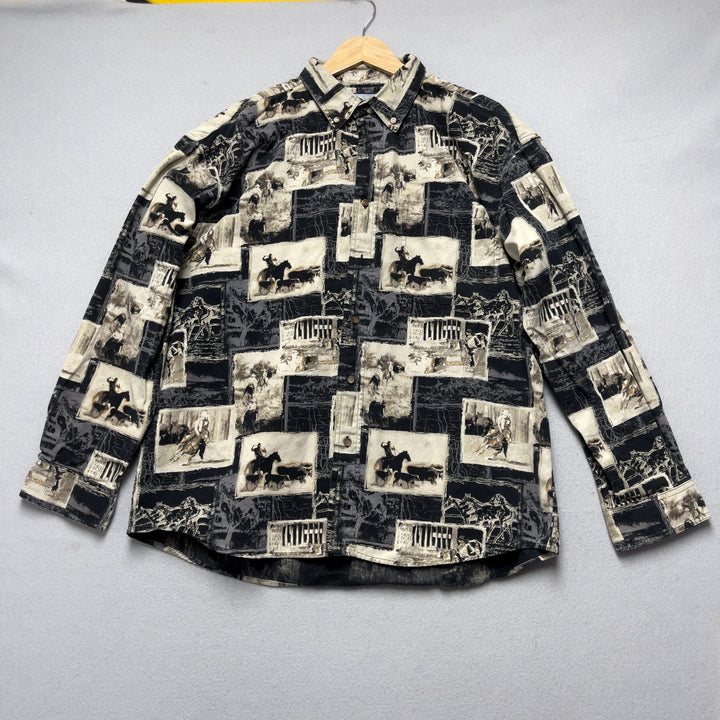 Vintage Men's Sandy River Western Print All Over Button Down Large