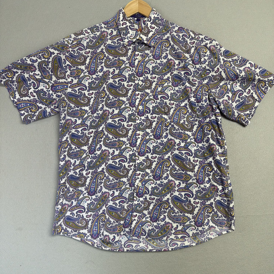 Alan Flusser Short Sleeve Paisley Button Down Shirt Size Large