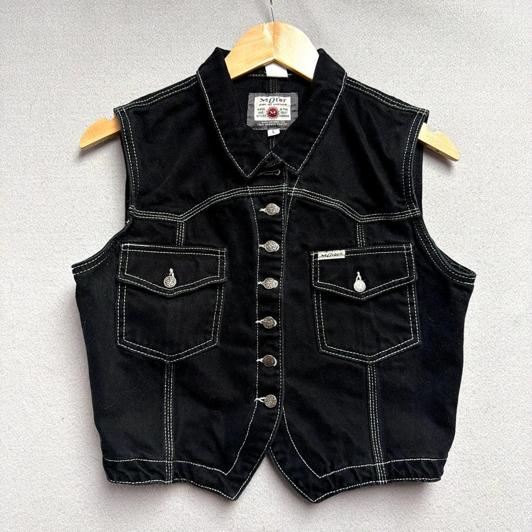 Vintage Women's Black Denim Vest Size Large