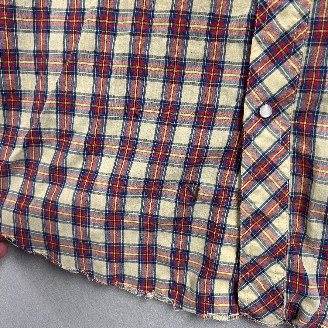 Vintage 90's Frontier Blue Red Plaid Pearl Snap Western Shirt Large